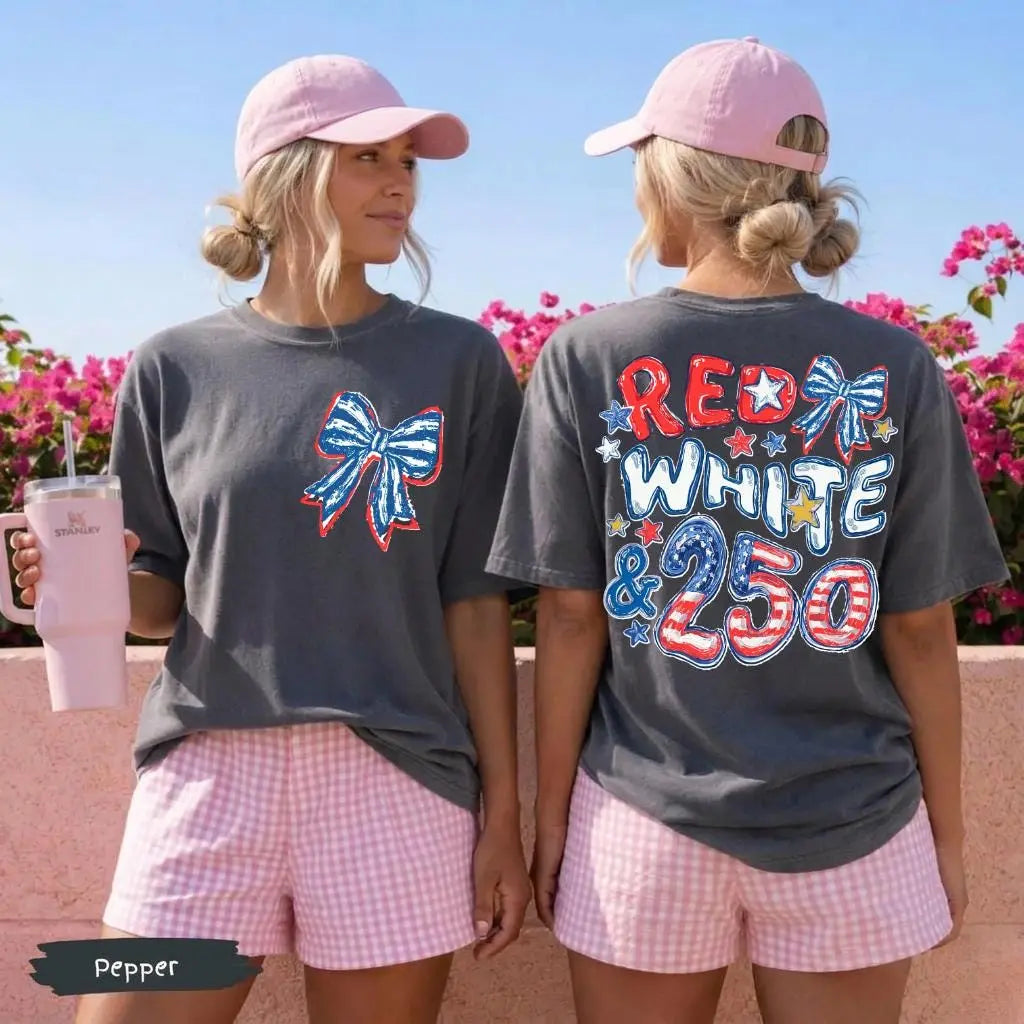 Comfort Colors America 250th Anniversary Shirt – Red White & 250 Patriotic Bow Tee