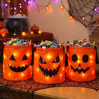 3/4 Pcs Halloween LED Candy Bucket – Reusable Non-Woven Trick or Treat Tote Bags