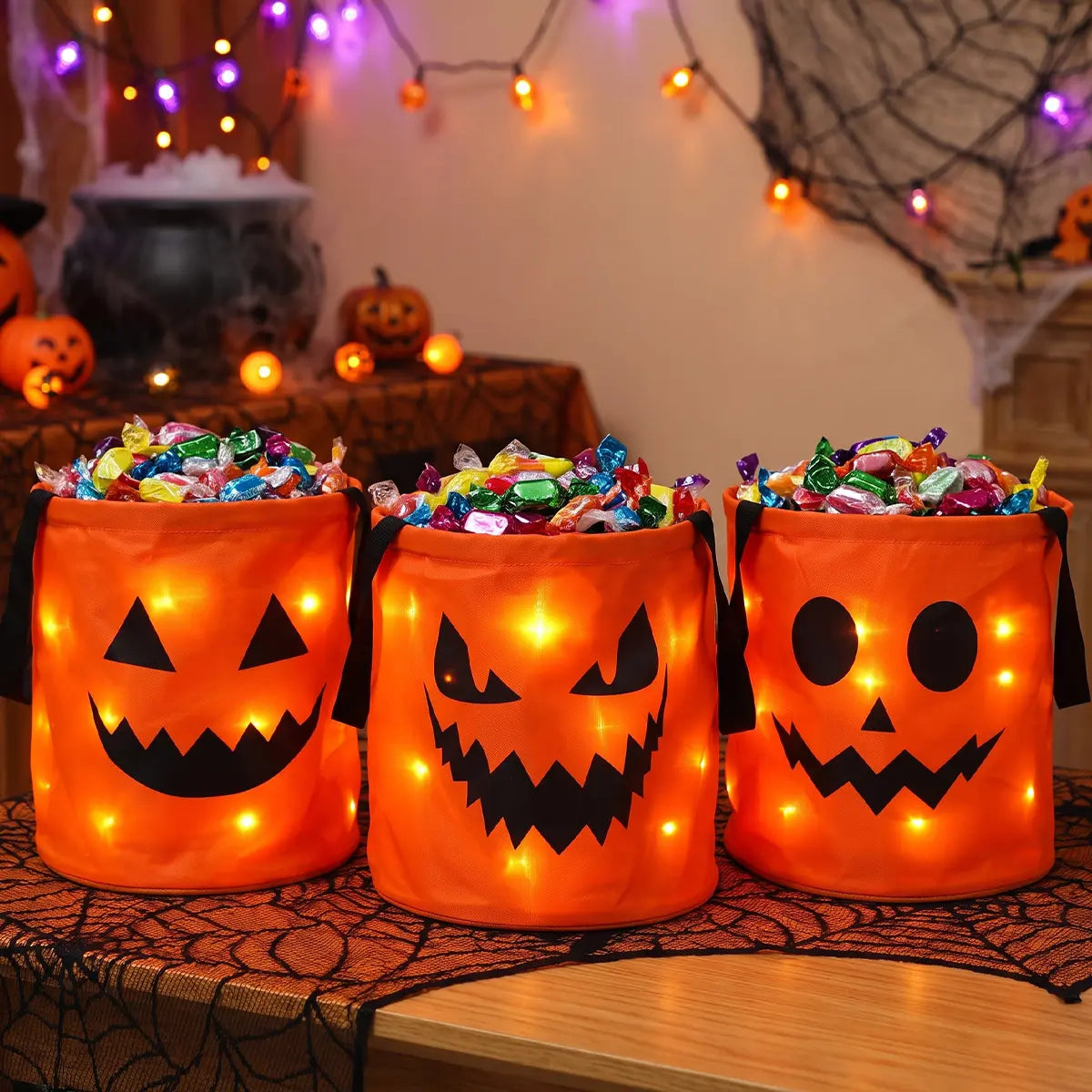 3/4 Pcs Halloween LED Candy Bucket – Reusable Non-Woven Trick or Treat Tote Bags