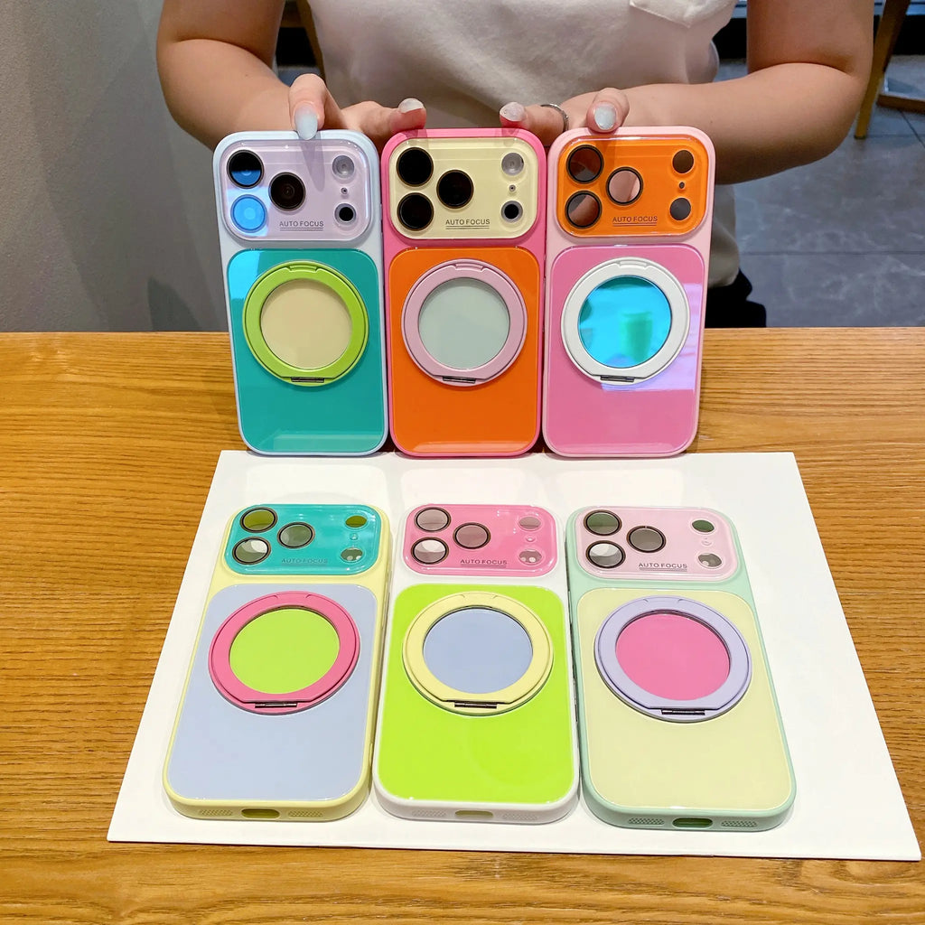 Dopamine Colorblock Glossy Magnetic Case for iPhone 17 Pro Max – 360° Rotating Ring Stand & MagSafe Cover