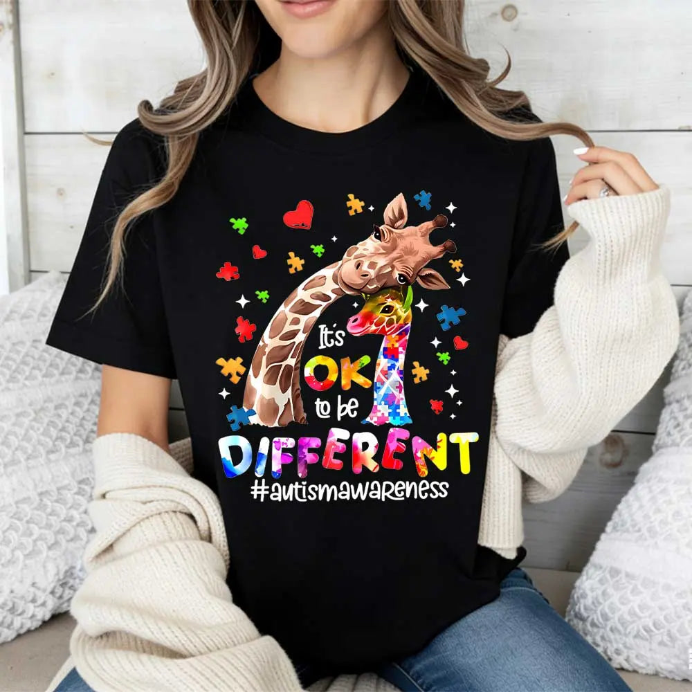 "It's OK to be Different" Autism Shirt | Cute Giraffe Family Puzzle Tee