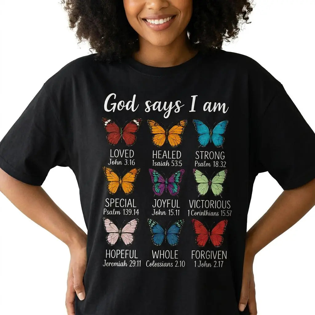 "God Says I Am" Christian Butterfly Shirt – Faith Bible Verse Graphic Tee