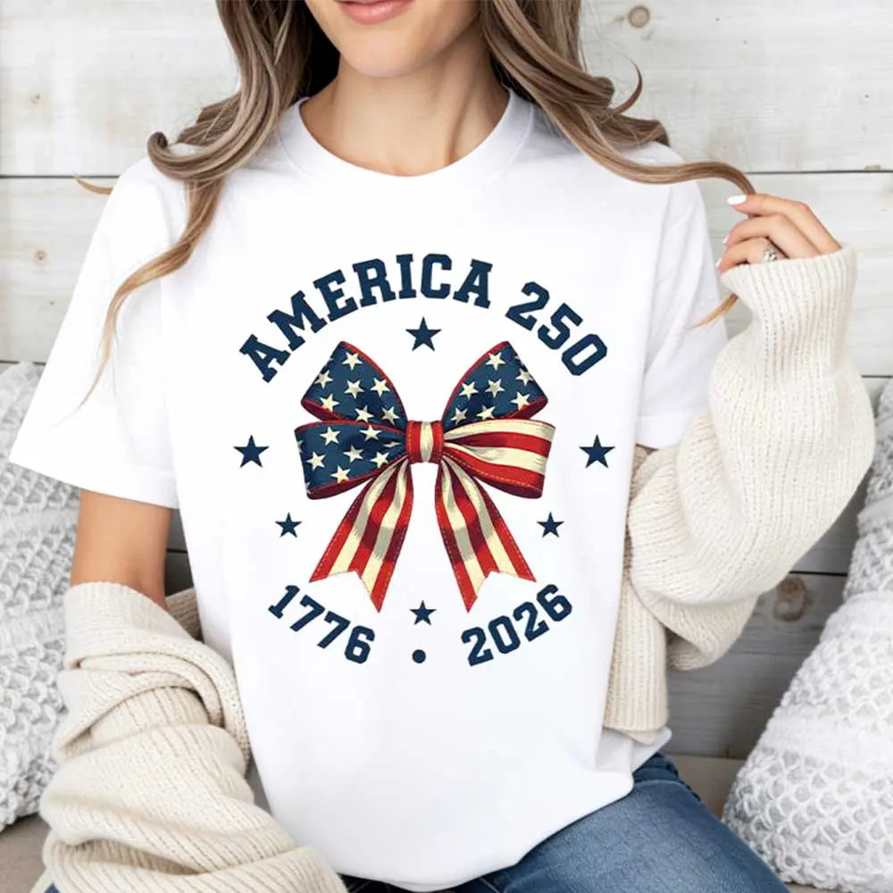 America 250 Stars And Stripes Bow Print T Shirt White Crew Neck Casual Top For Independence Day Celebration