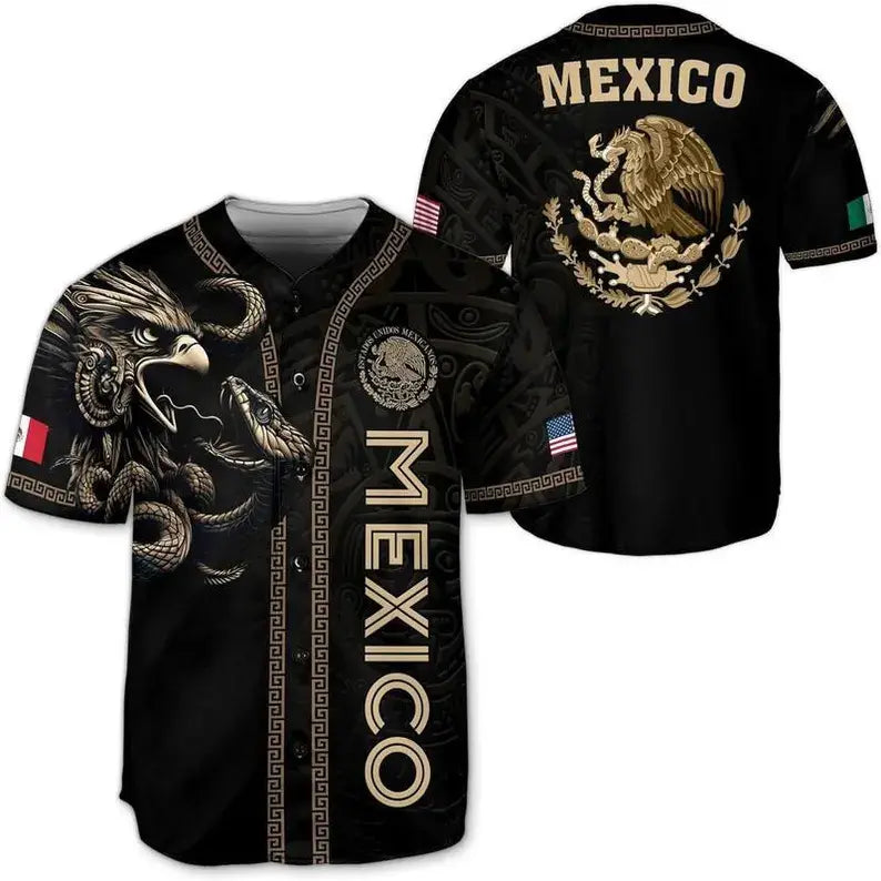 Mexico Flag Aztec Graphic Button-Up Baseball Jersey