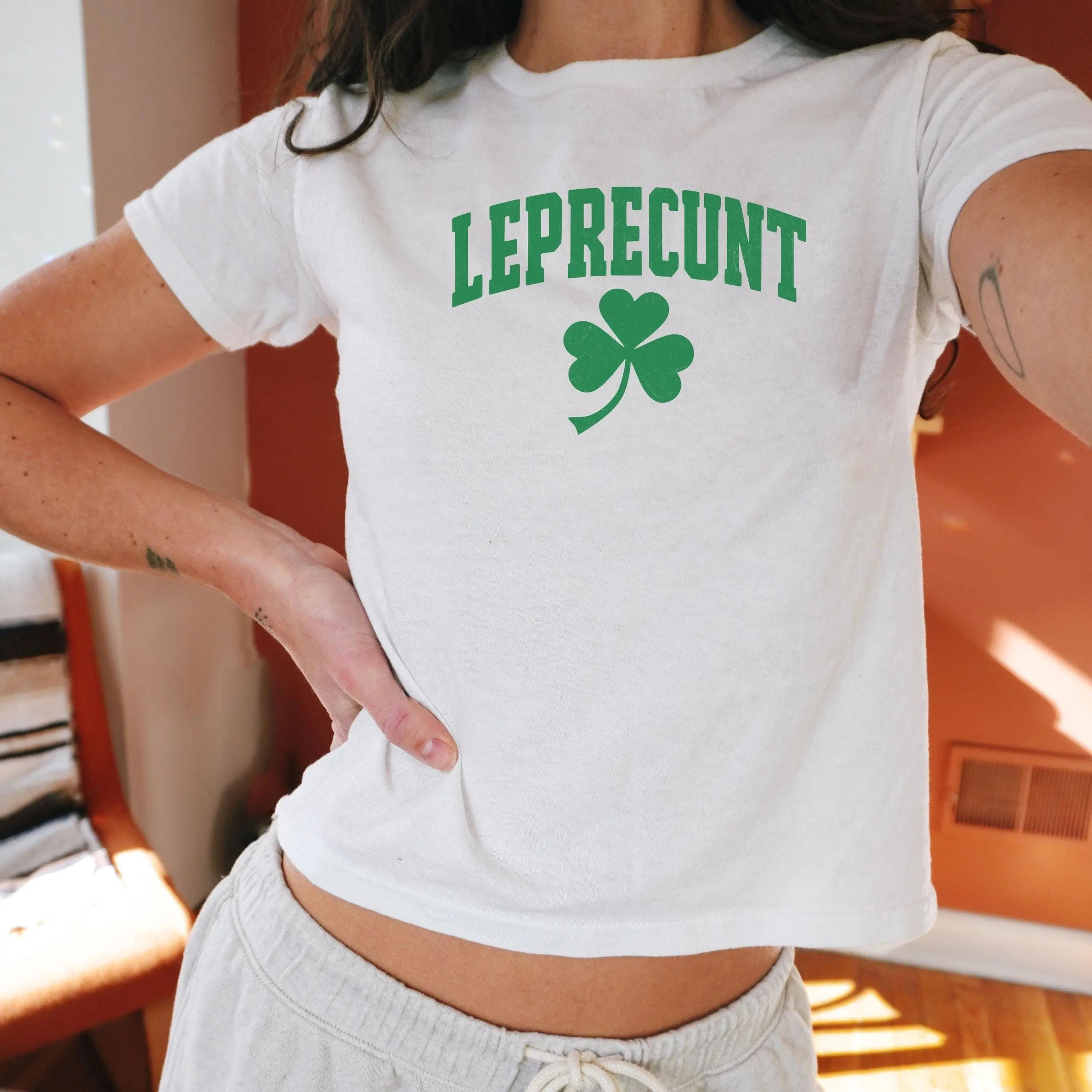 "Leprecunt" Y2K Baby Tee | Funny St. Patrick's Day Irish Graphic Shirt
