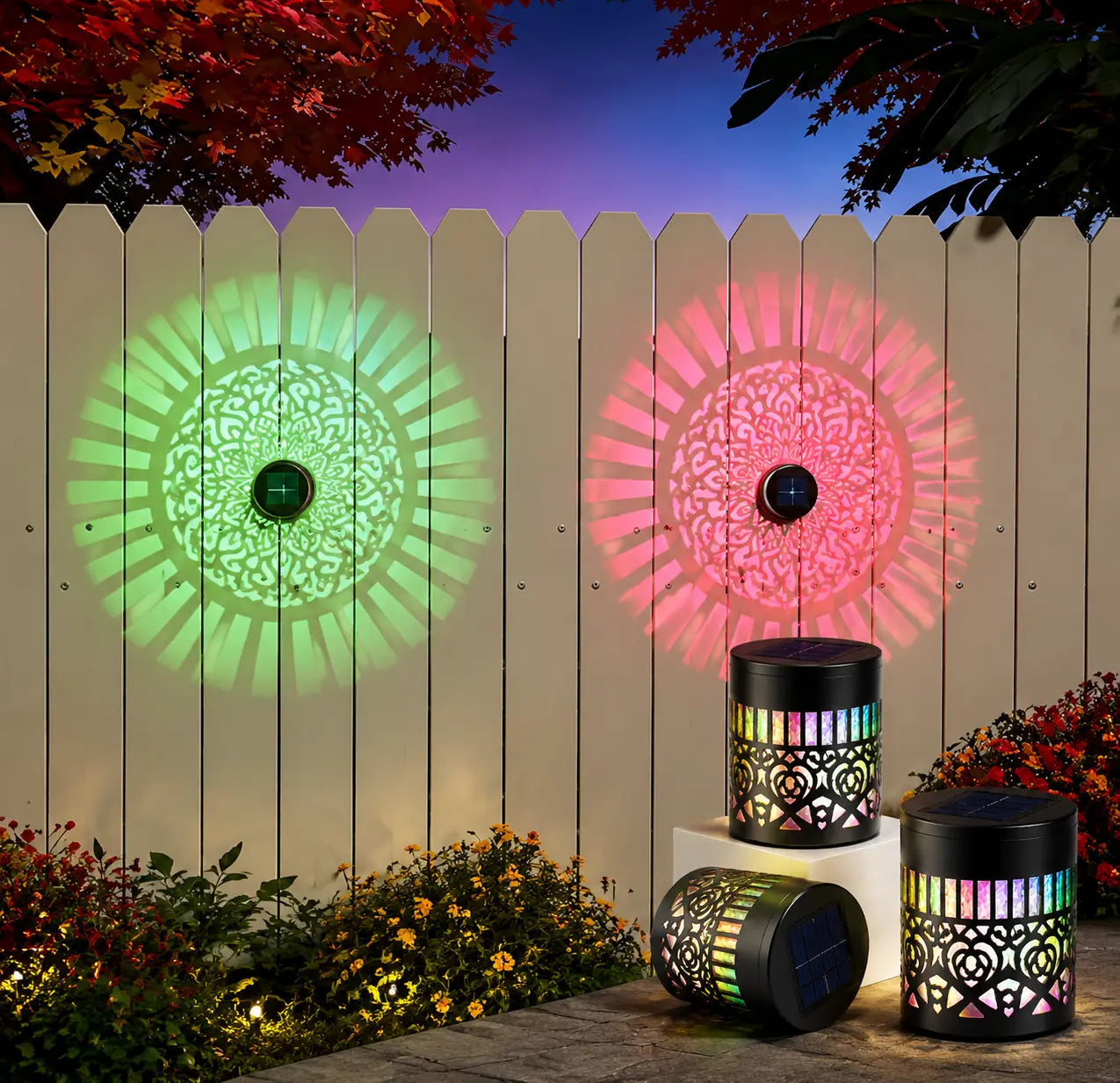 Solar Mandala Projection Wall Light – 7-Color Changing Waterproof Outdoor Decor (2pcs)