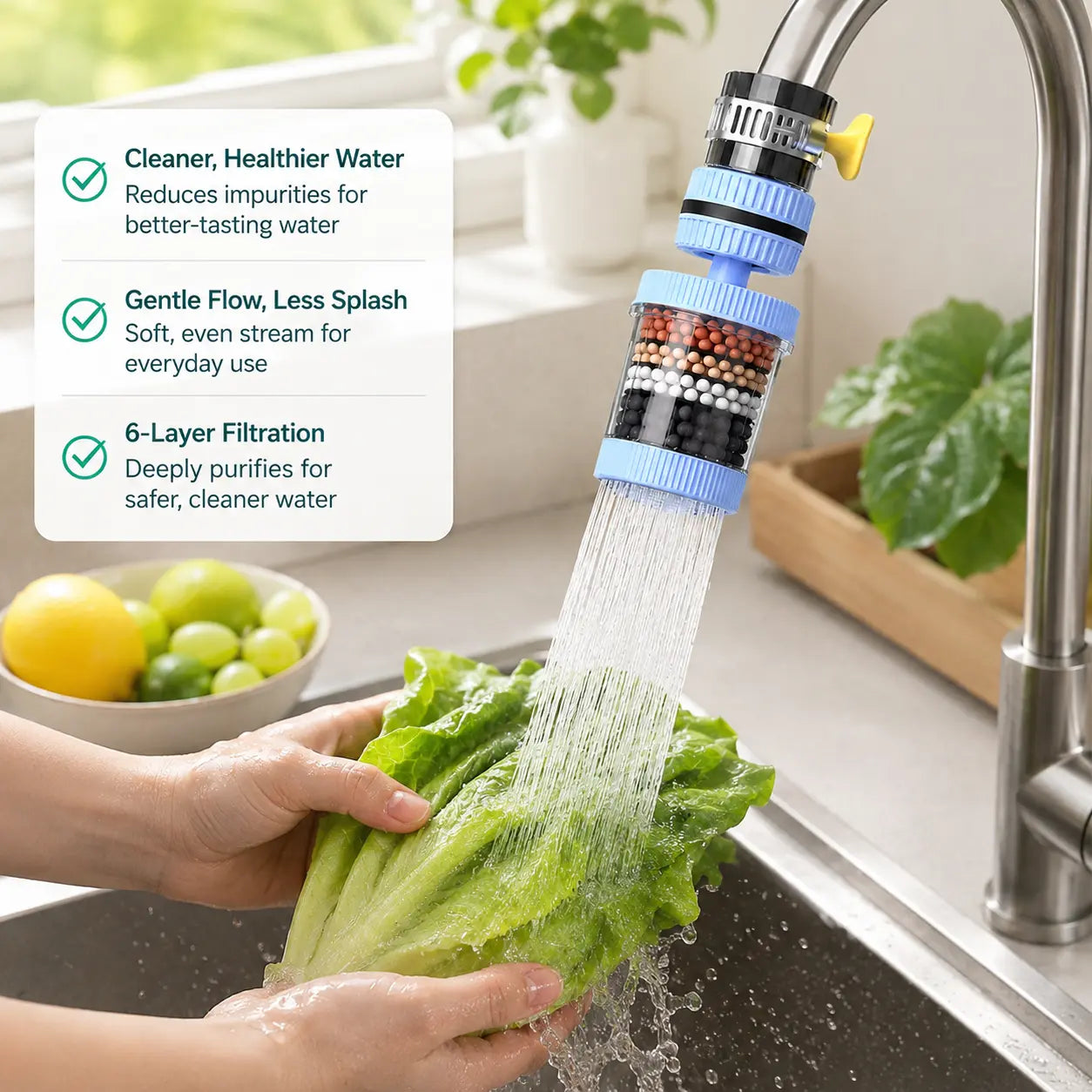 360° Rotatable 6-Layer Faucet Water Filter – Splash-Free Kitchen Sink Strainer