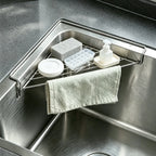 Stainless Steel Triangular Corner Sink Organizer – Open Wire Drainage Rack with Raised Edges