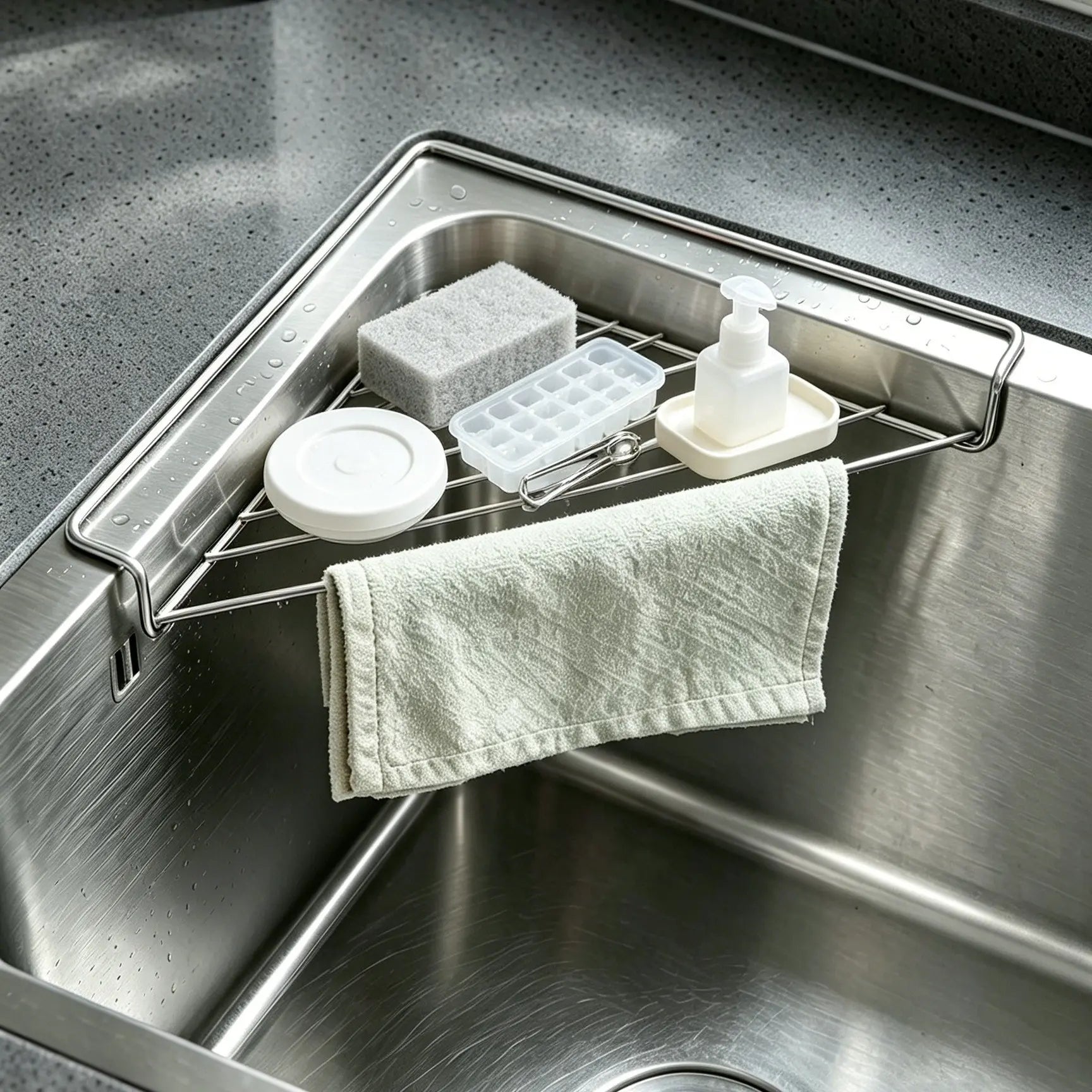 Stainless Steel Triangular Corner Sink Organizer – Open Wire Drainage Rack with Raised Edges