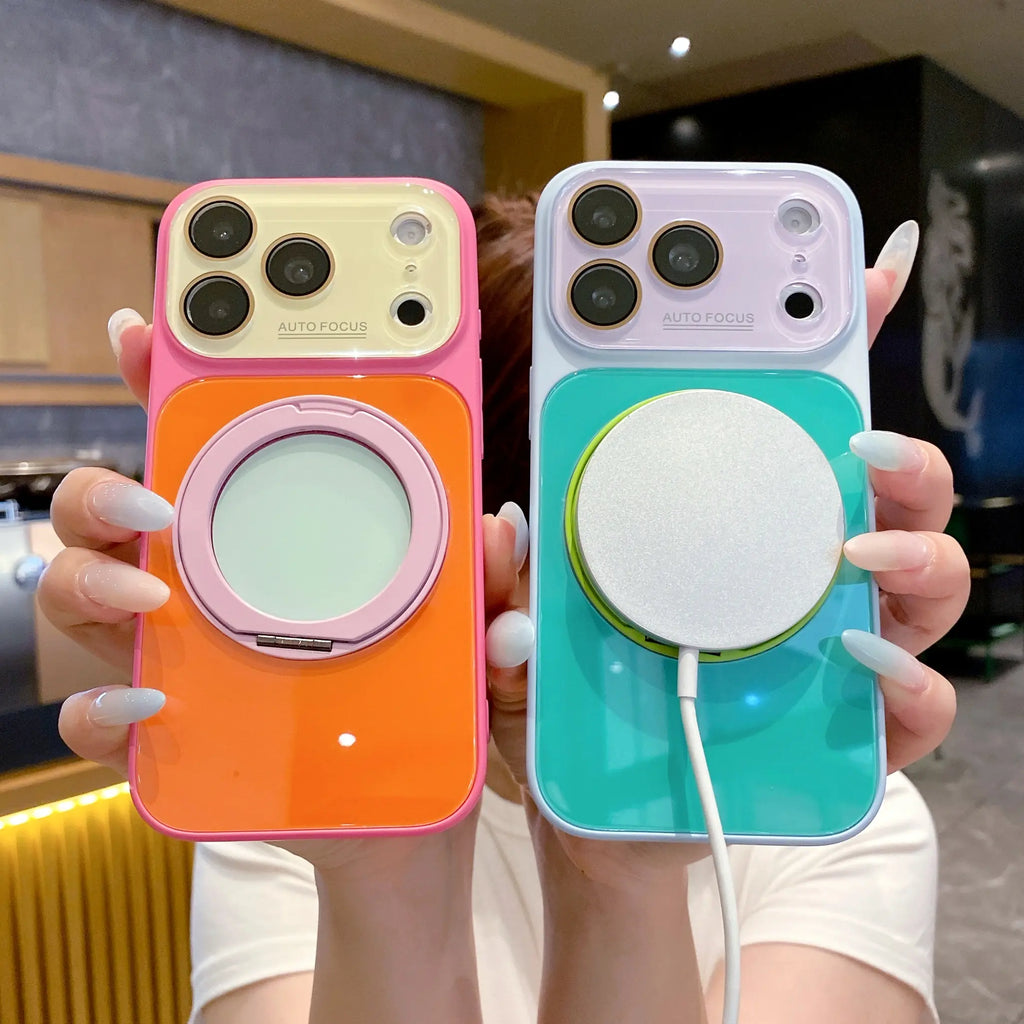 Dopamine Colorblock Glossy Magnetic Case for iPhone 17 Pro Max – 360° Rotating Ring Stand & MagSafe Cover