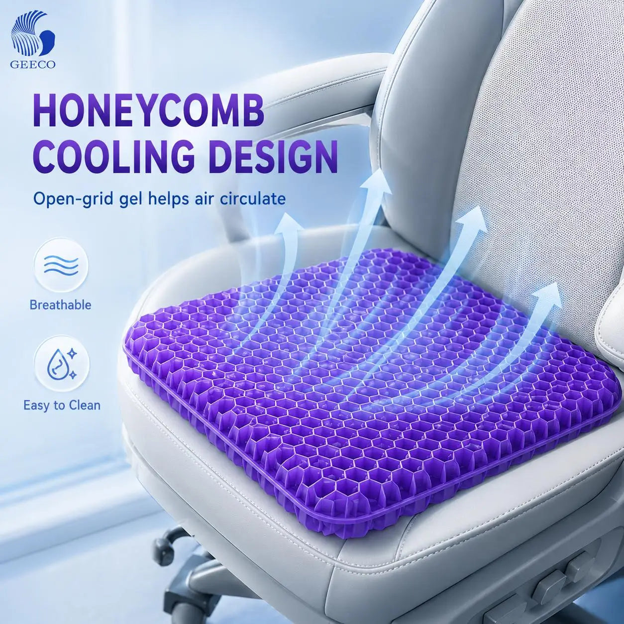 GEECO Purple Gel Seat Cushion – Firm Honeycomb Cooling Pad with Non-Slip Cover