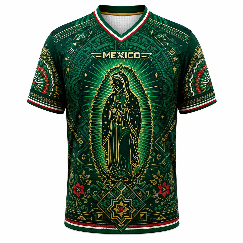 2026 Mexico Inspired Green V-Neck Soccer Jersey – Guadalupe & Aztec Art Graphic Fan Tee