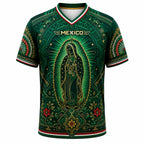 2026 Mexico Inspired Green V-Neck Soccer Jersey – Guadalupe & Aztec Art Graphic Fan Tee