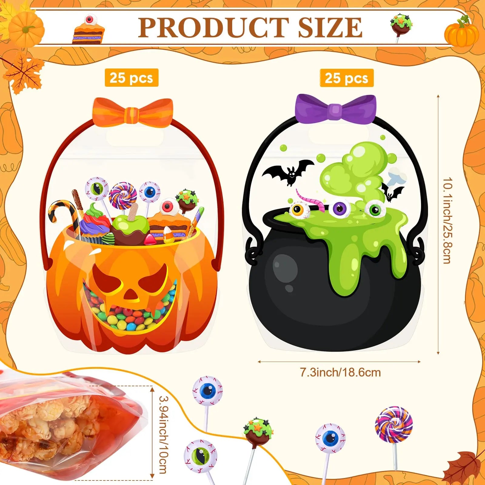 24/50-Pack Halloween Plastic Goodie Bags – Trick-or-Treat Candy Bags with Pumpkin & Skeleton Design