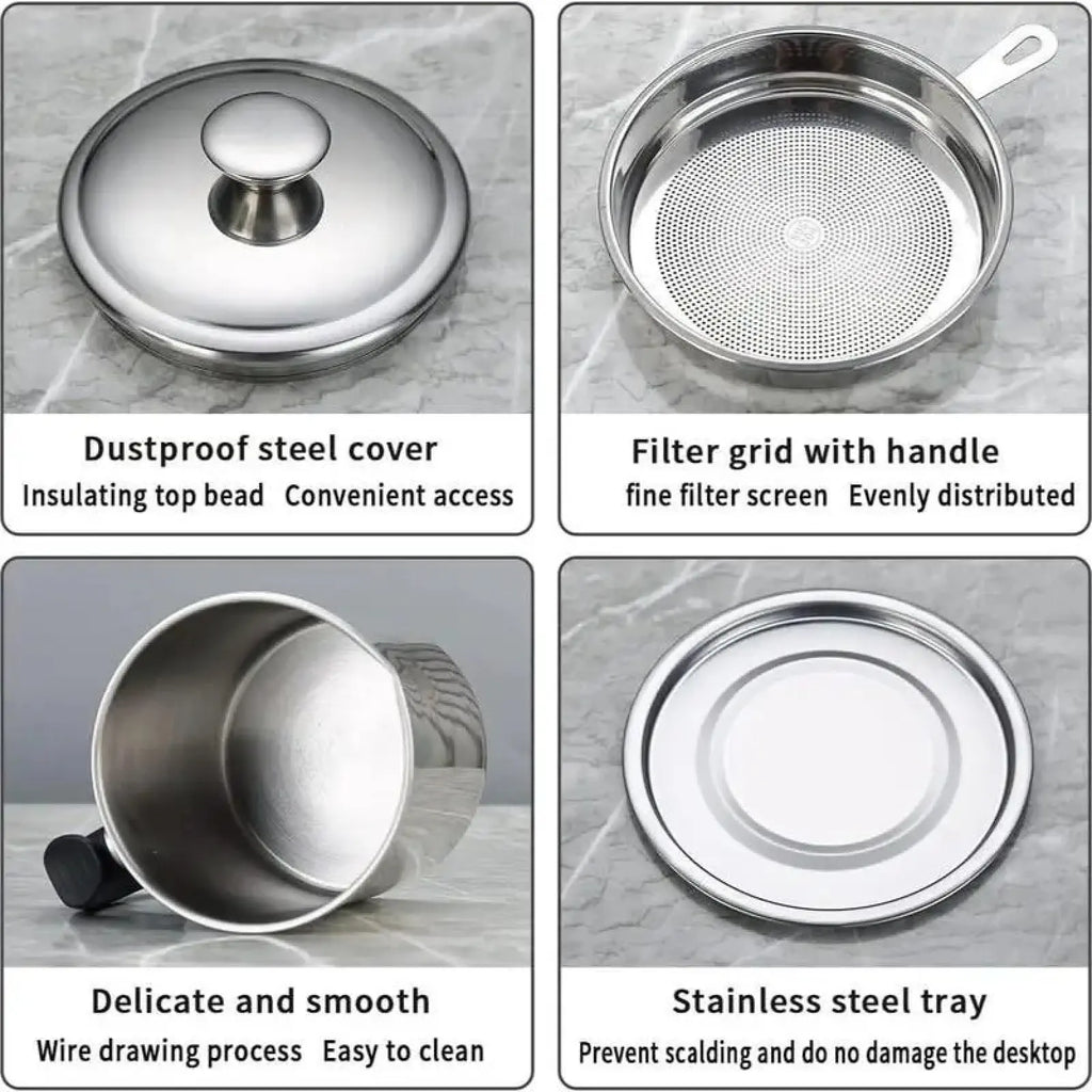 1-Count Stainless Steel Kitchen Oil Dispenser Container – Strainer & Tray Oil Can