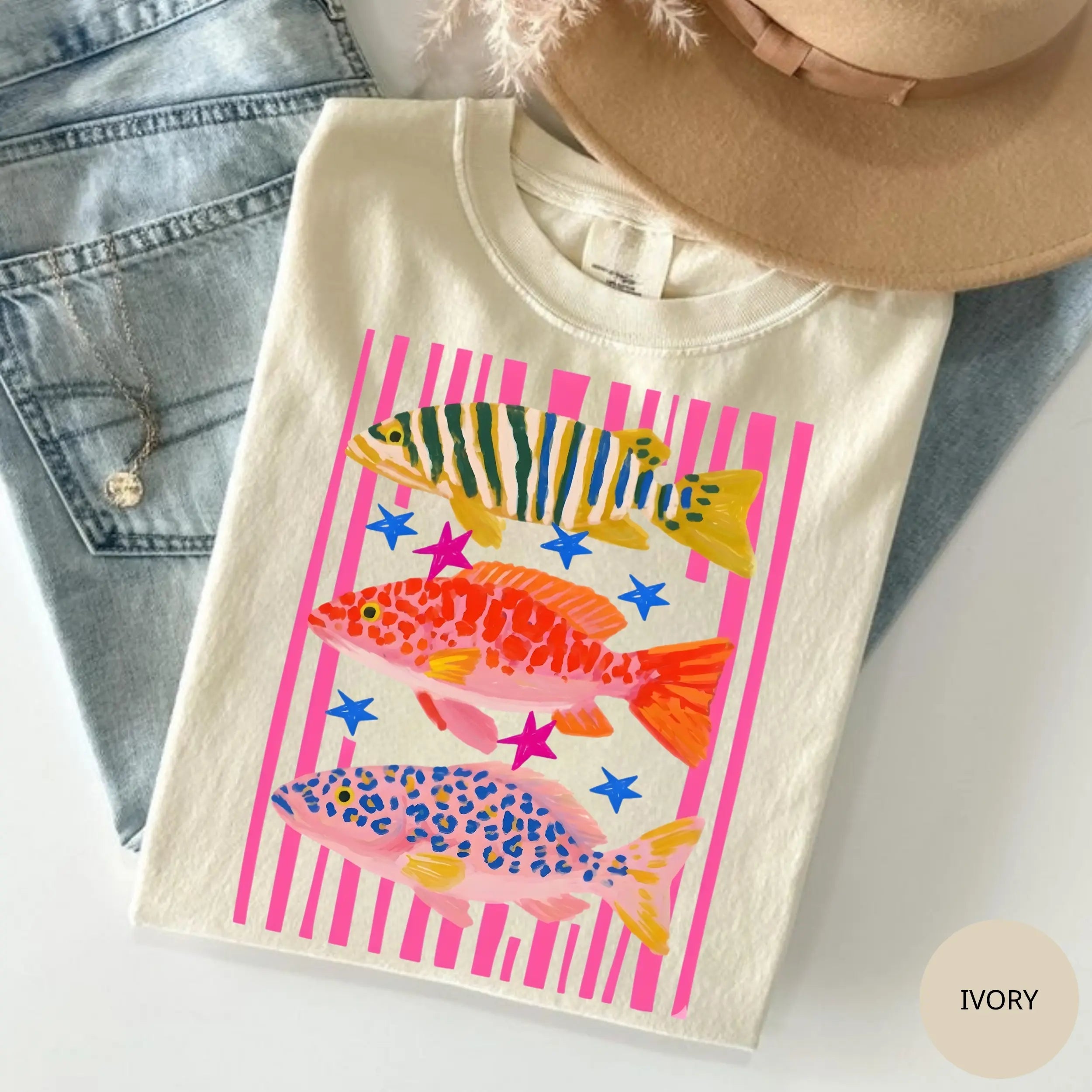 Comfort Colors Preppy Fish Tee - Colorful Maximalist Sublimation Beach Shirt for Girls & Women