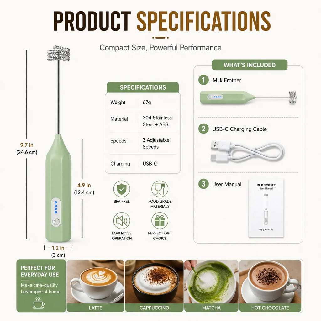 Electric Handheld Milk Frother – USB-C Rechargeable Stainless Steel Foam Maker