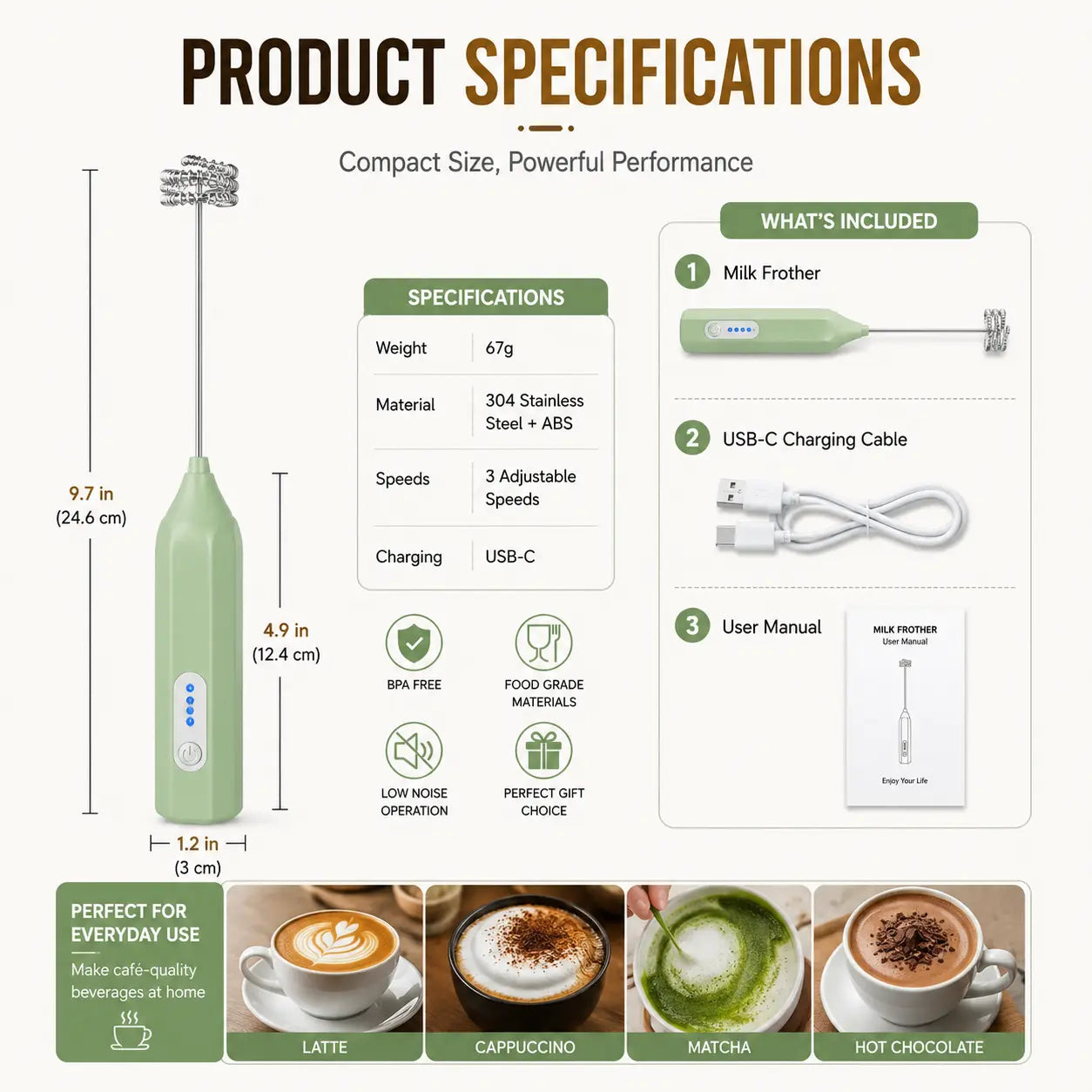 Electric Handheld Milk Frother – USB-C Rechargeable Stainless Steel Foam Maker