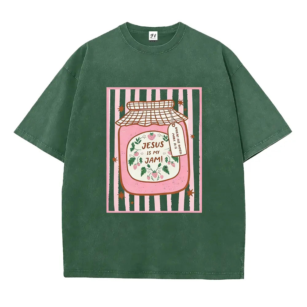 "Jesus Is My Jam" Strawberry Graphic Tee | Pink Washed Vintage Christian Shirt