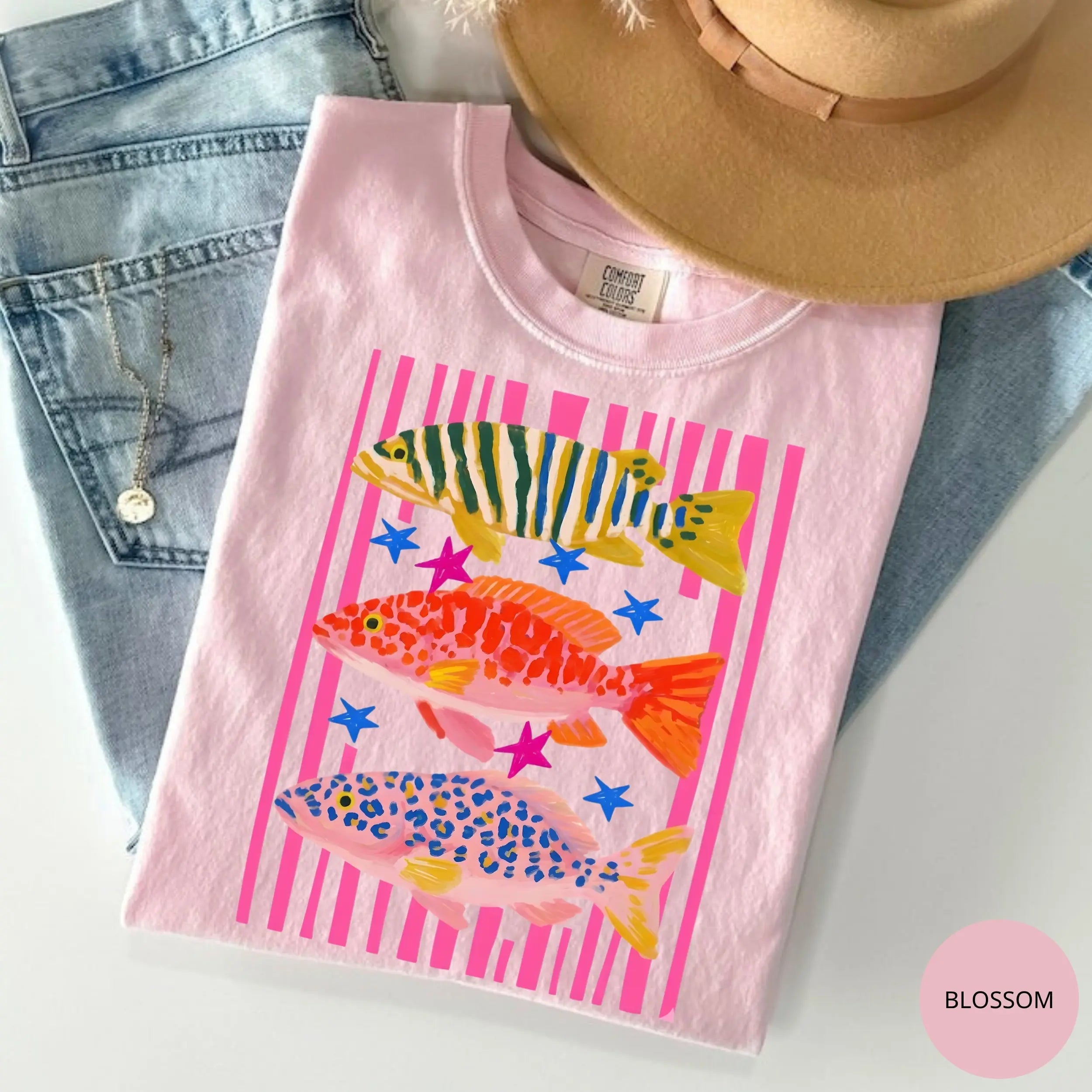 Comfort Colors Preppy Fish Tee - Colorful Maximalist Sublimation Beach Shirt for Girls & Women