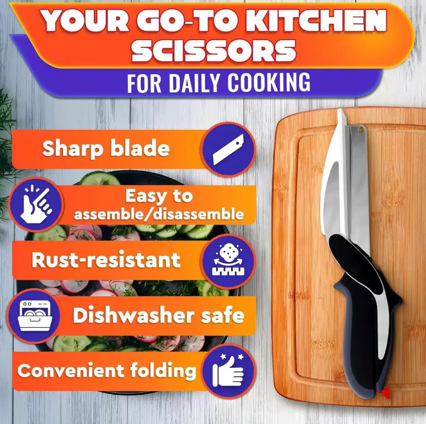 2-in-1 Stainless Steel Food Scissors with Built-in Cutting Board – Multi-Purpose Kitchen Shears with Safety Lock