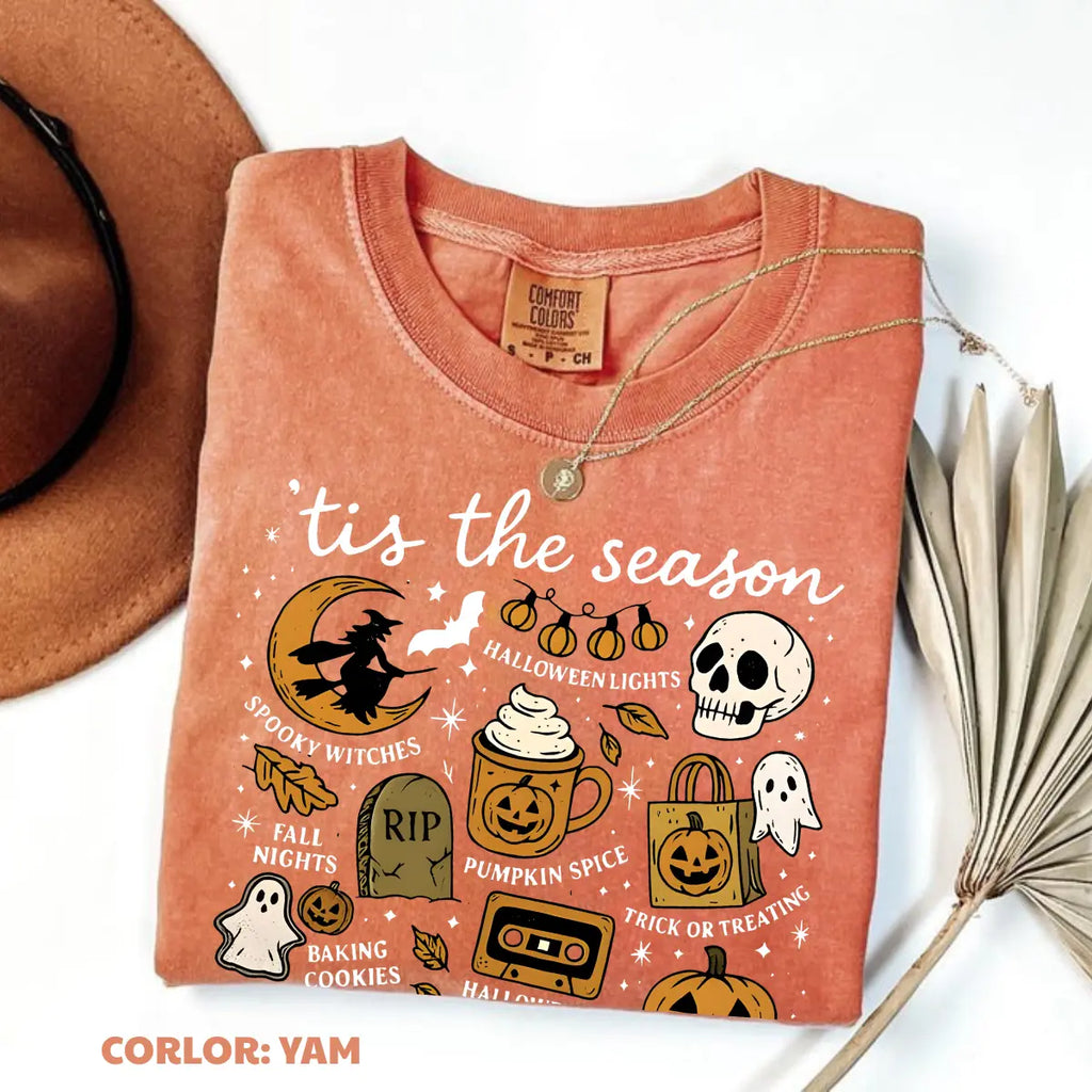 Comfort Colors Tis The Season Halloween Tee – Cute Coquette Retro Pumpkin Spooky Graphic Shirt