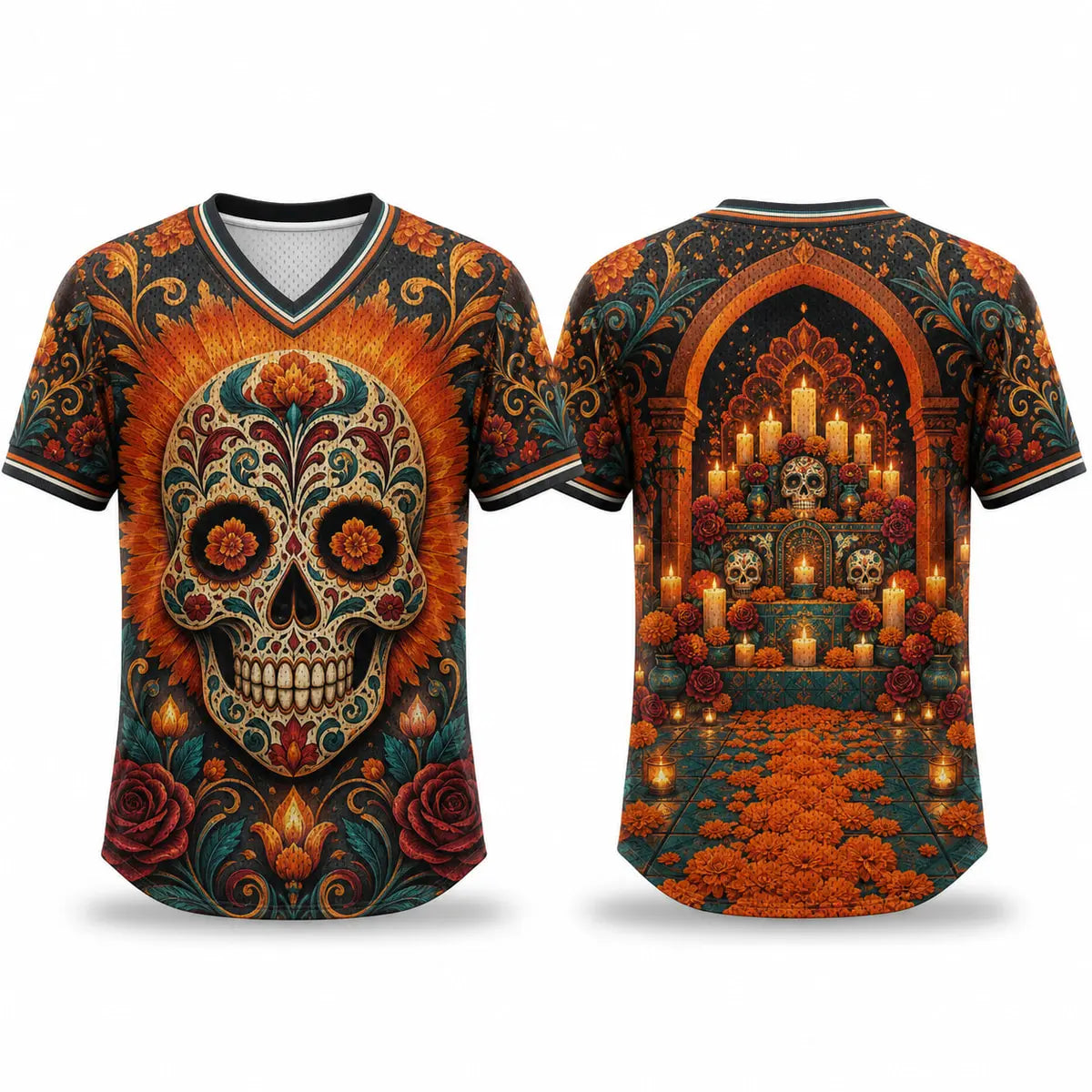 Ember Marigold Altar Calavera All-Over Print Mesh V-Neck Jersey Sports Shirt