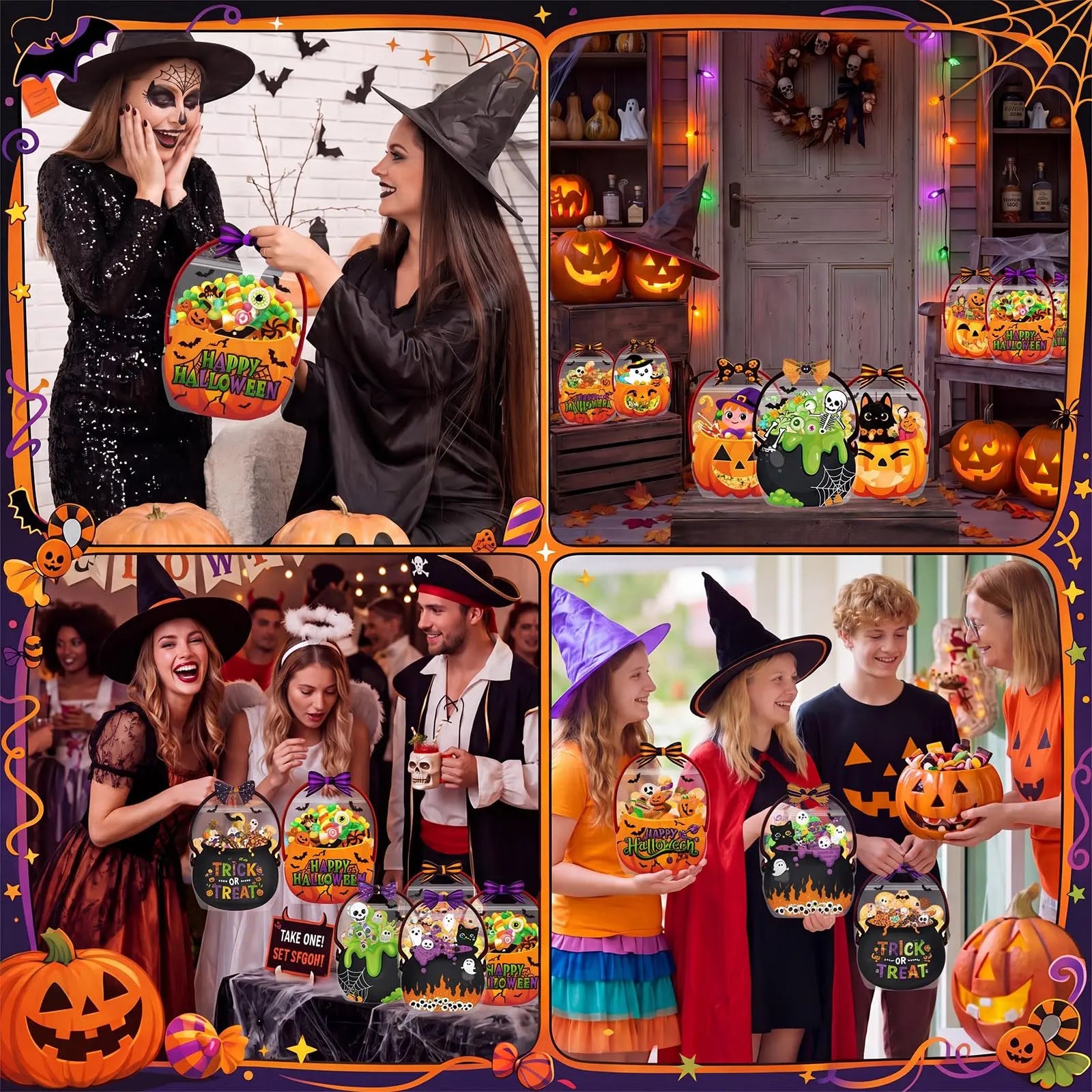 24/50-Pack Halloween Plastic Goodie Bags – Trick-or-Treat Candy Bags with Pumpkin & Skeleton Design