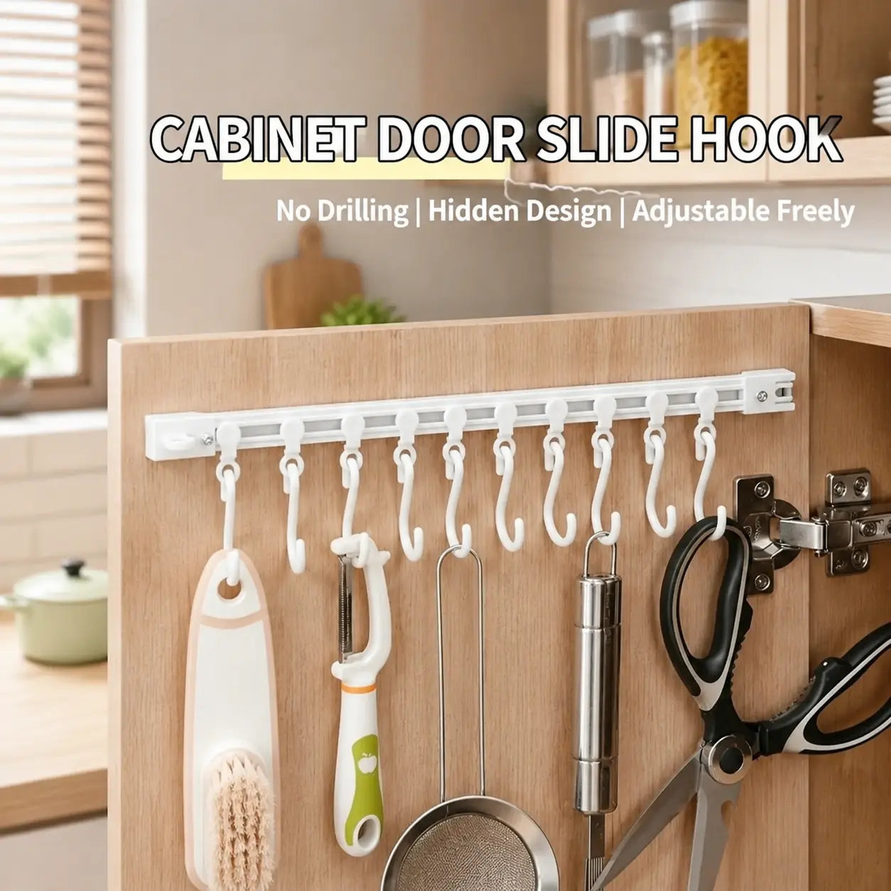 Adjustable 10-Hook Slide Rail Organiser – Multifunctional Adhesive Storage Rack for Kitchen & Bathroom