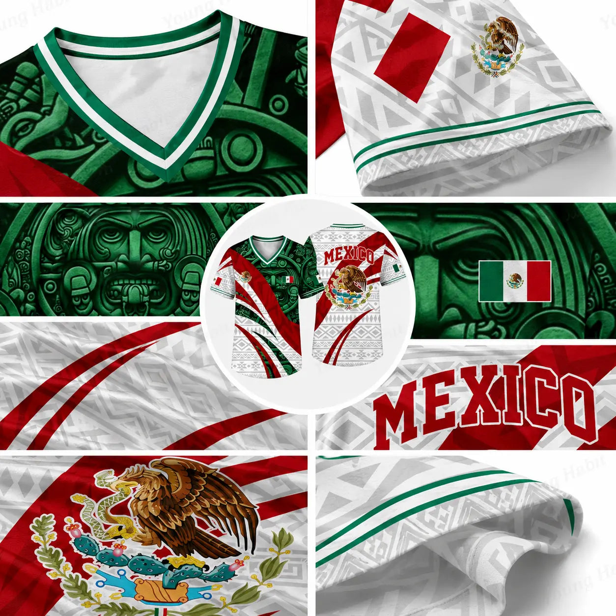 Mexico Flag Eagle V-Neck Jersey – Aztec Pattern Patriotic Soccer Style Shirt