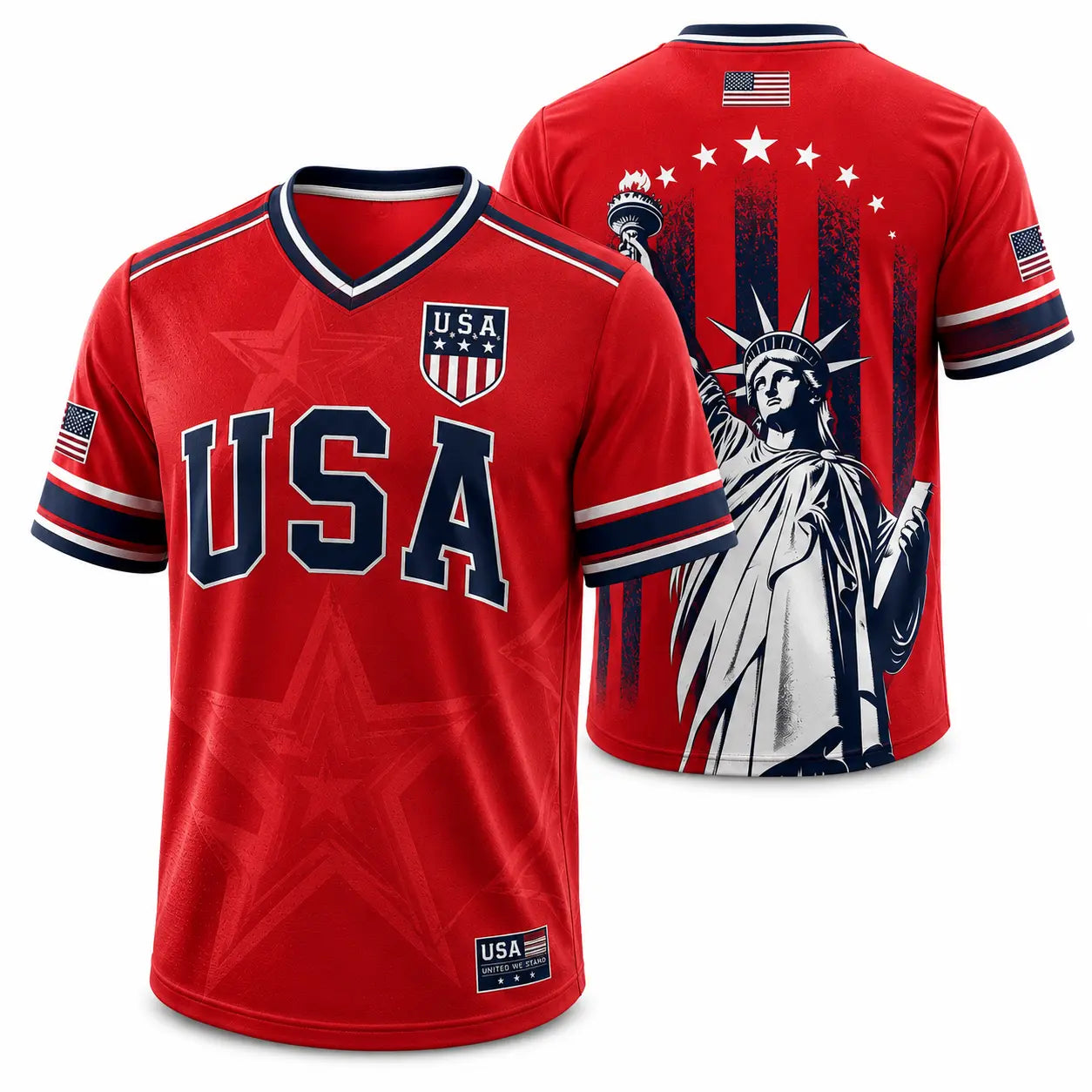 USA Patriotic Soccer Jersey – Navy American Flag & Statue of Liberty V-Neck Sports Tee