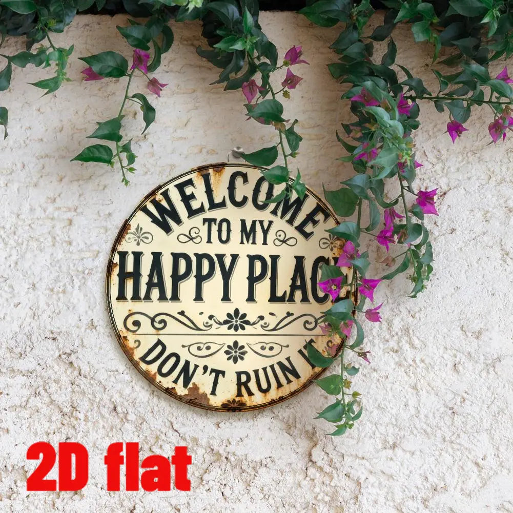 "Welcome to My Happy Place" Metal Wall Art - Multicolor Farmhouse Tin Sign Decor