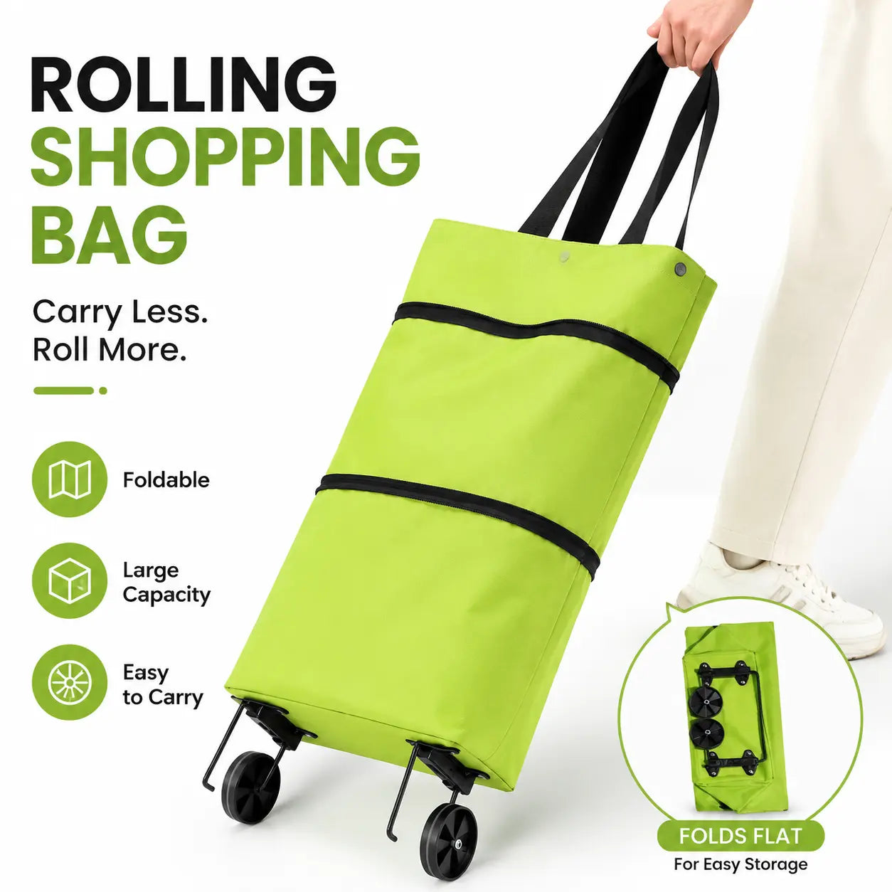 2-in-1 Foldable Rolling Shopping Tote Bag – Large Capacity Grocery Cart with Wheels
