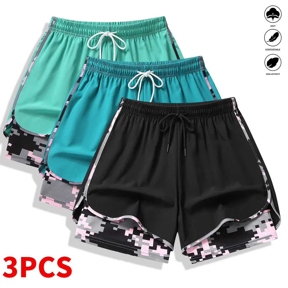 3-Pack Women’s Athletic Shorts with Liner – Drawstring Elastic Waistband Running Shorts