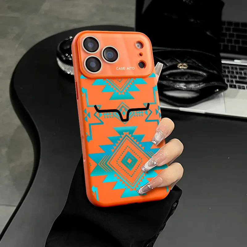 Aesthetic Western Aztec Turquoise Bull Head Phone Case for iPhone 17 Pro Max – Southwestern Tribal Shockproof Protective Cover