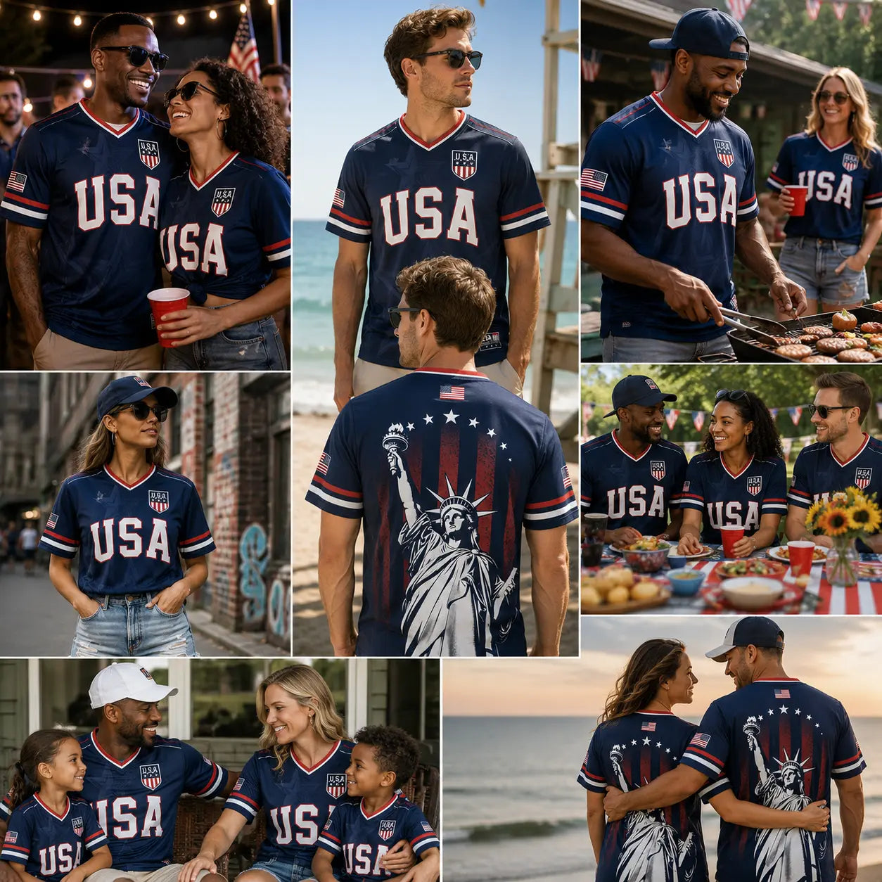 USA Patriotic Soccer Jersey – Navy American Flag & Statue of Liberty V-Neck Sports Tee
