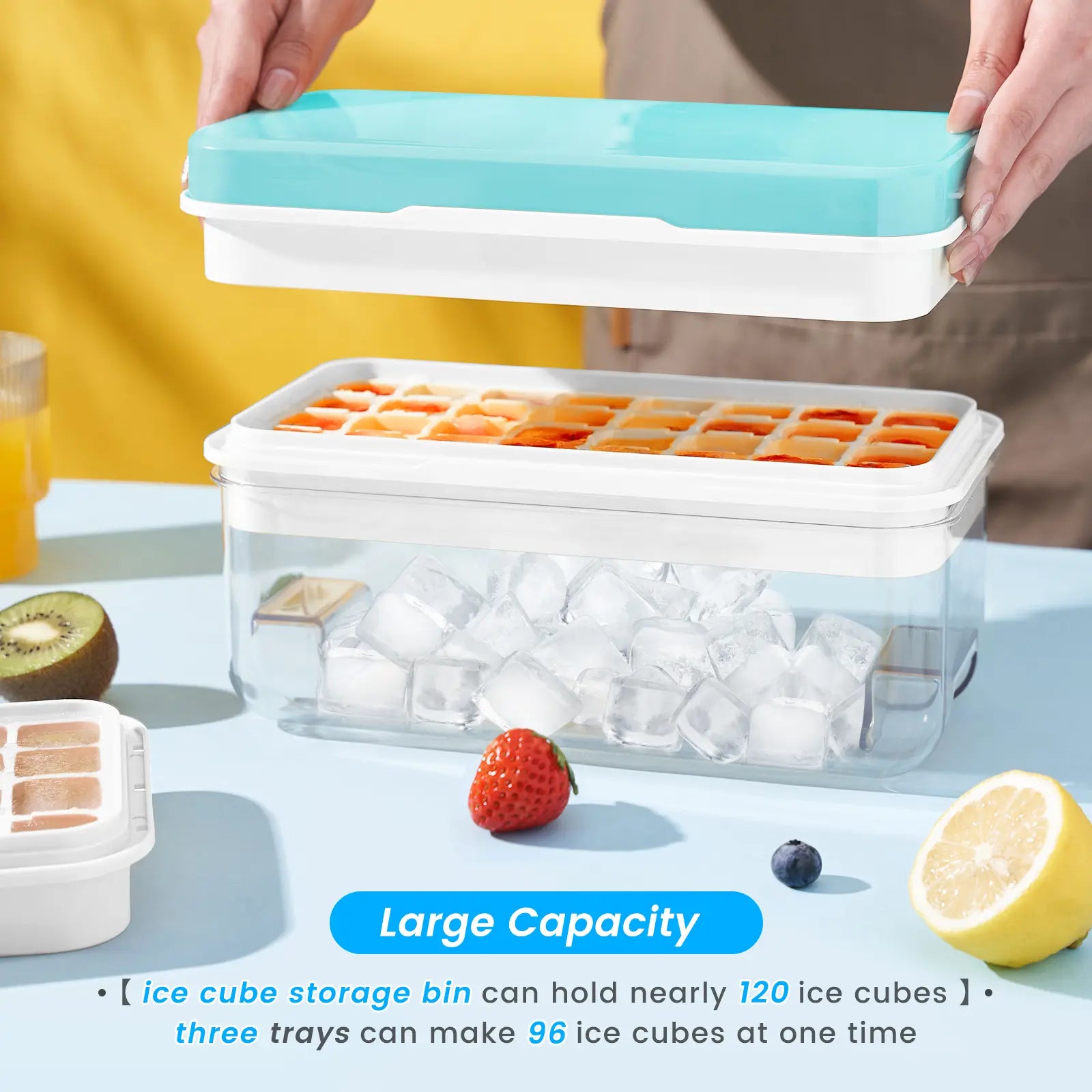 Stackable Ice Cube Tray Set with Lid, Storage Bin & Scoop - BPA-Free, Easy-Release (64/96 Capacity)