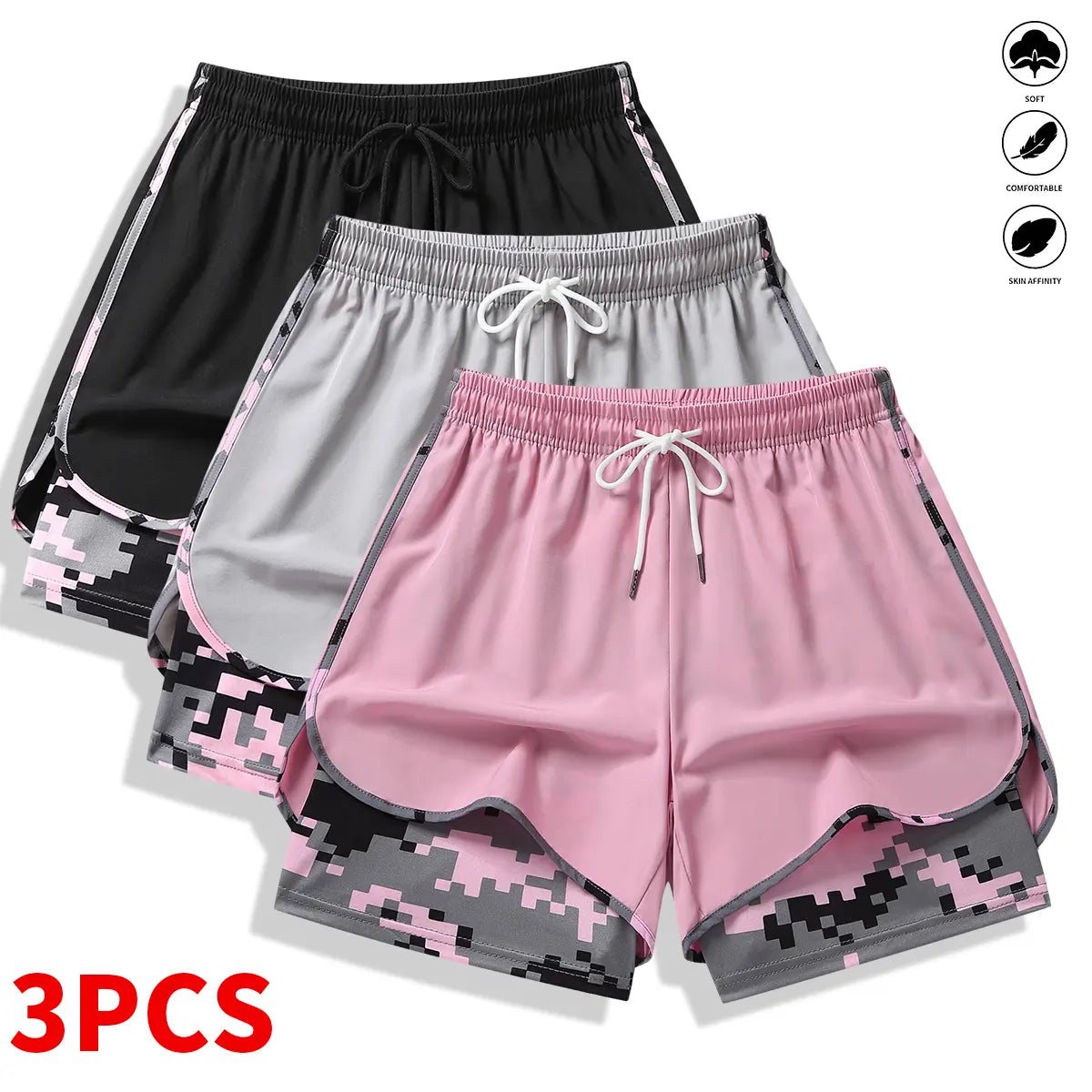 3-Pack Women’s Athletic Shorts with Liner – Drawstring Elastic Waistband Running Shorts