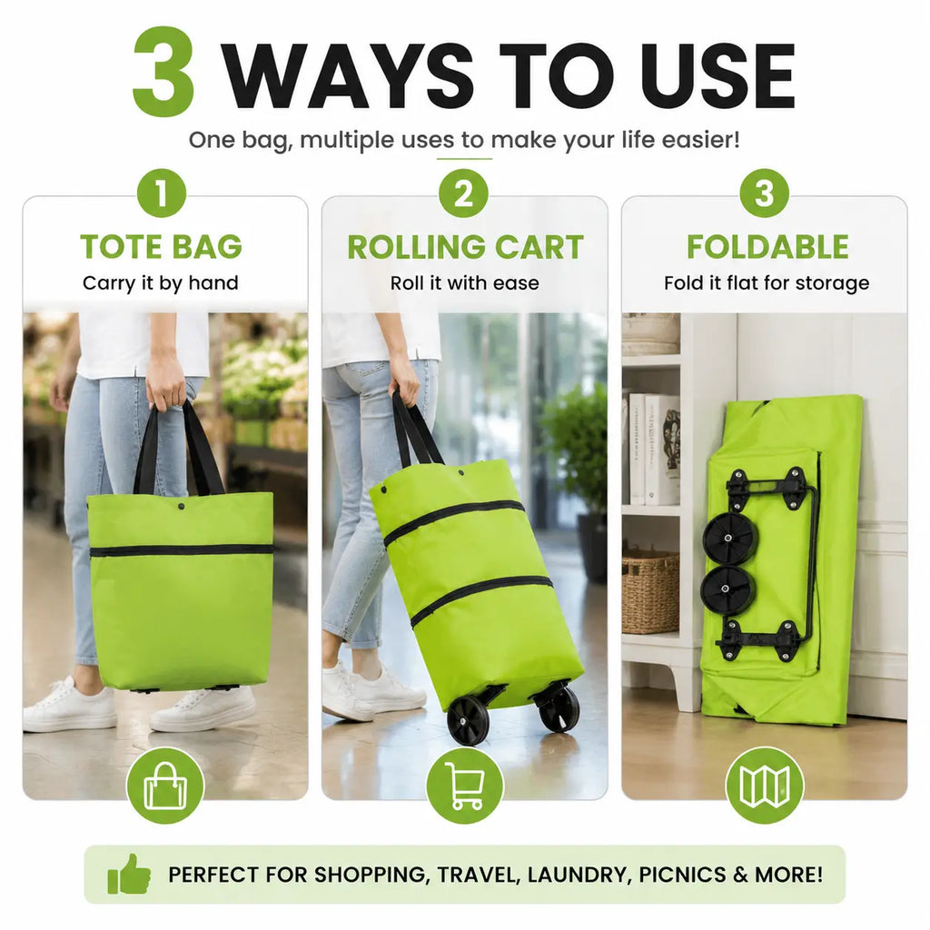 2-in-1 Foldable Rolling Shopping Tote Bag – Large Capacity Grocery Cart with Wheels