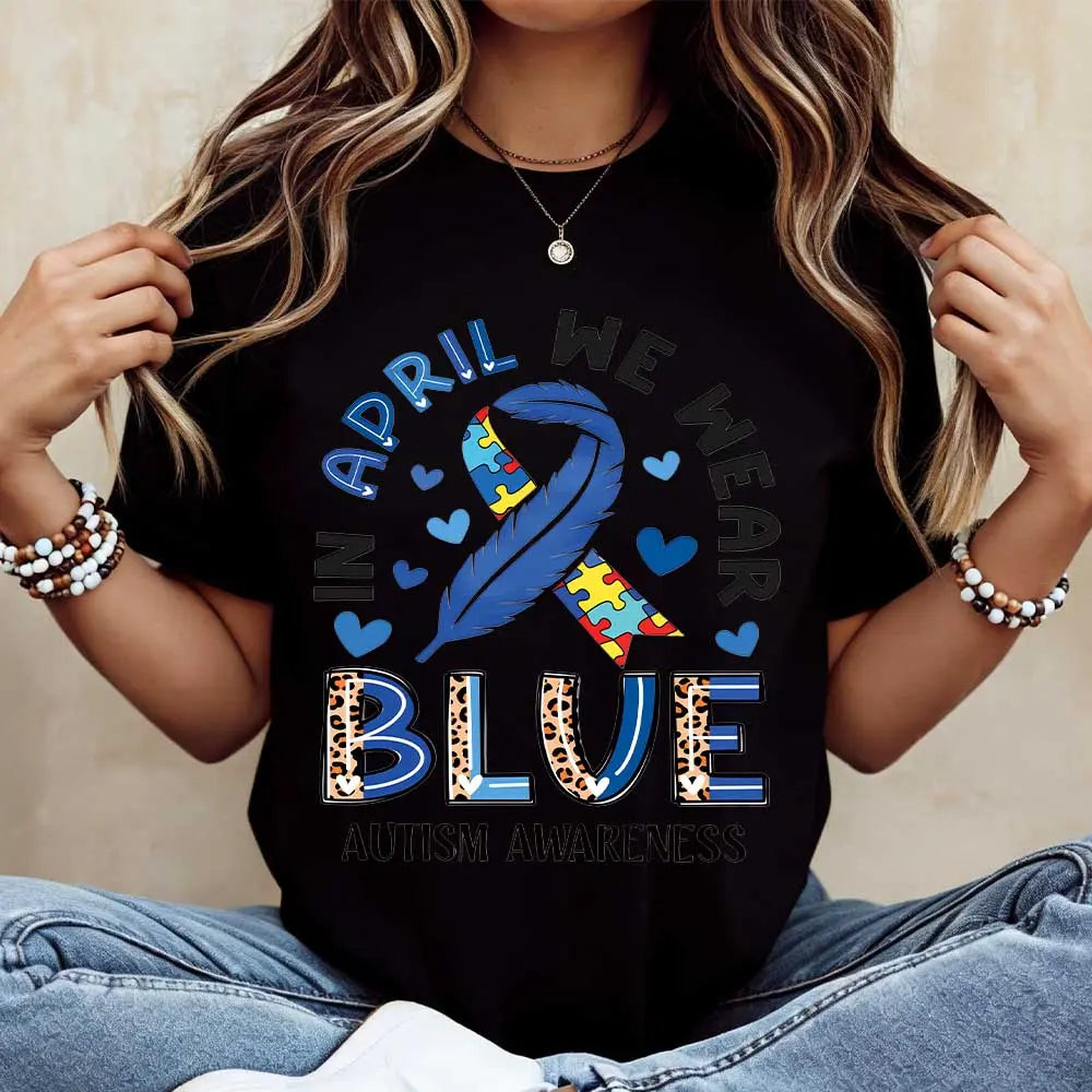 "In April We Wear Blue" Shirt | Autism Awareness Ribbon & Puzzle Tee