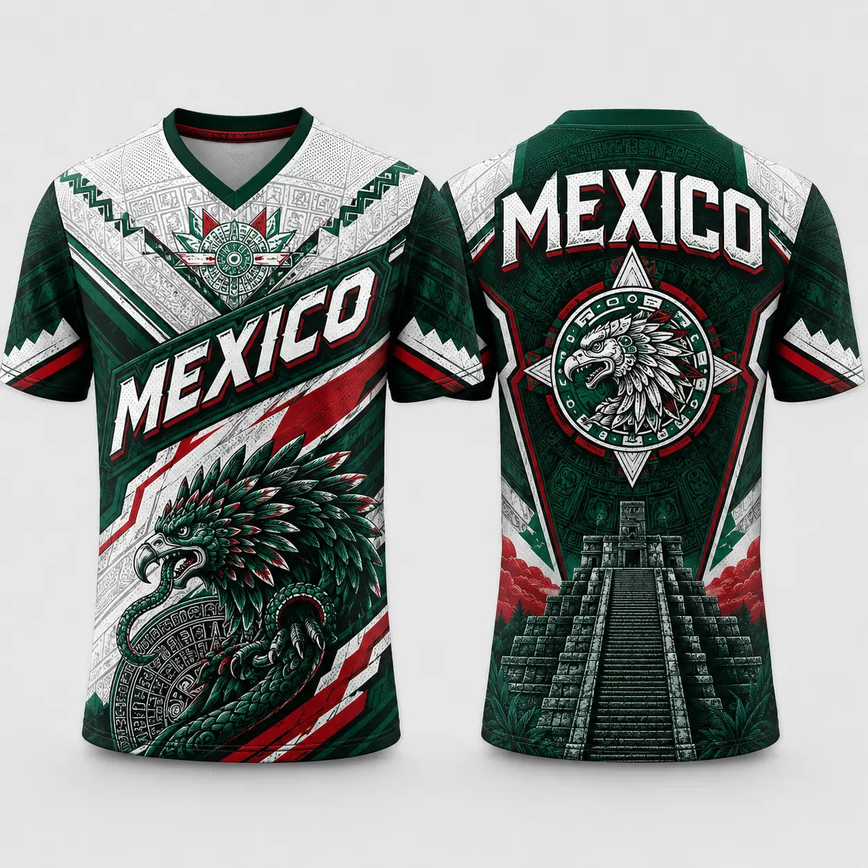 Men's Mexico V-Neck Soccer Jersey – Breathable Mesh Aztec Eagle Graphic Top