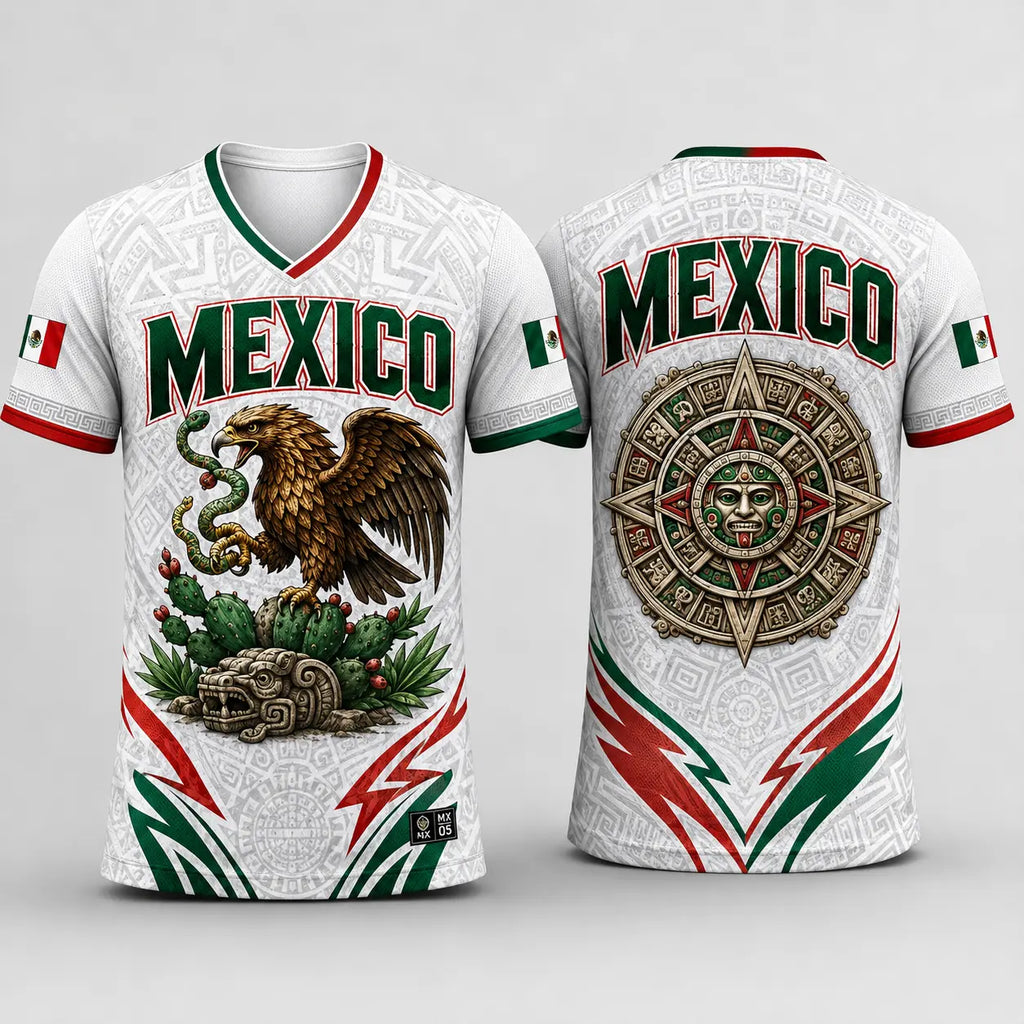 2026 Mexico Inspired V-Neck Soccer Jersey – Aztec Eagle, Serpent & Calendar Graphic Tee