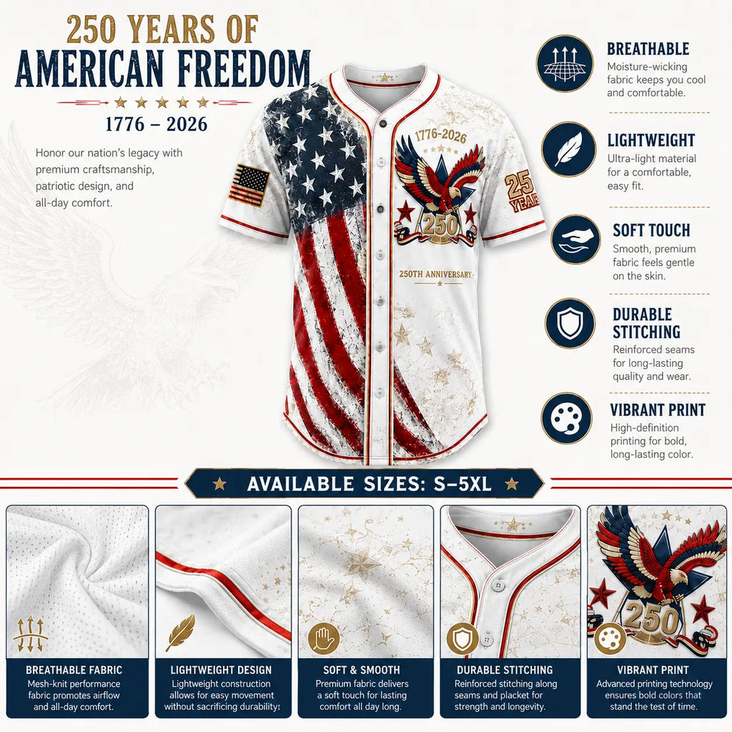 Men's USA 250th Anniversary Baseball Jersey – Vintage Patriotic 1776-2026 Eagle Button Down Shirt