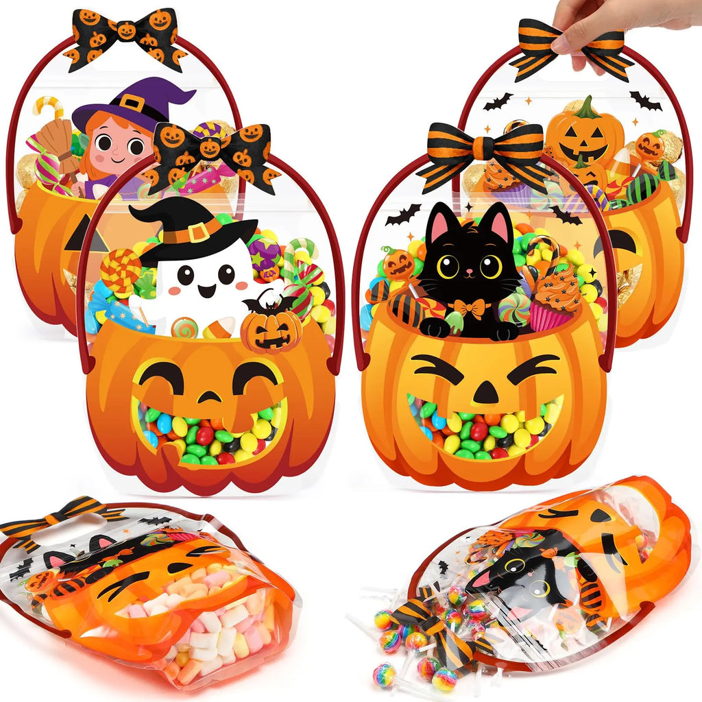 24/50-Pack Halloween Plastic Goodie Bags – Trick-or-Treat Candy Bags with Pumpkin & Skeleton Design