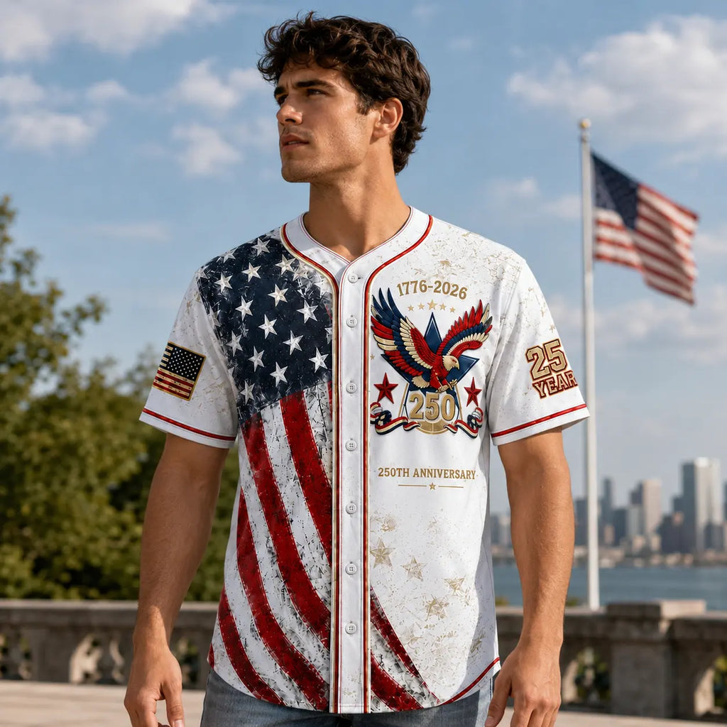 Men's USA 250th Anniversary Baseball Jersey – Vintage Patriotic 1776-2026 Eagle Button Down Shirt
