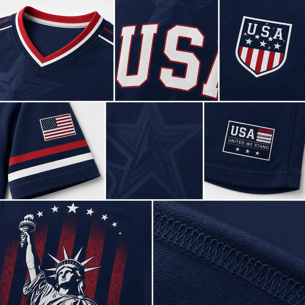 USA Patriotic Soccer Jersey – Navy American Flag & Statue of Liberty V-Neck Sports Tee