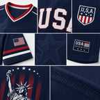 USA Patriotic Soccer Jersey – Navy American Flag & Statue of Liberty V-Neck Sports Tee