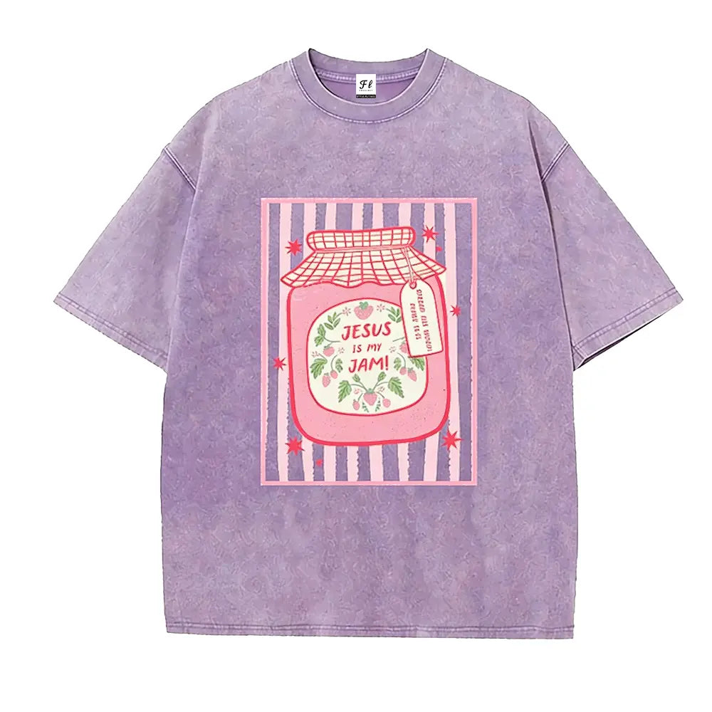 "Jesus Is My Jam" Strawberry Graphic Tee | Pink Washed Vintage Christian Shirt