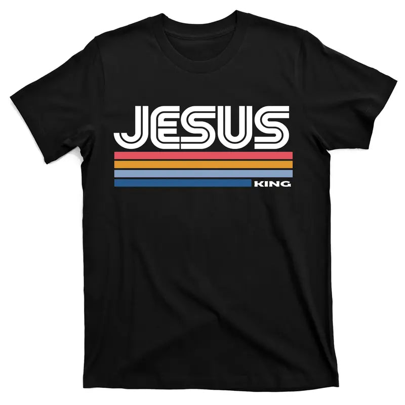 "Jesus King" Retro 70s Stripe Tee | Vintage Sunset Graphic Faith Shirt