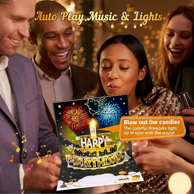 DIY Pop-Up Birthday Cake Card – Light, Music & Fireworks Black and Gold Gift